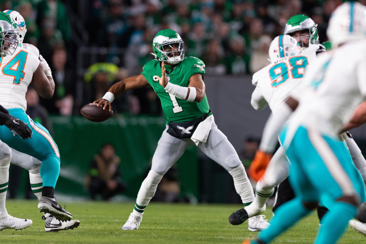 Philadelphia Eagles quarterback Jalen Hurts (1) has been throwing the ball with accuracy like the franchise has never seen.